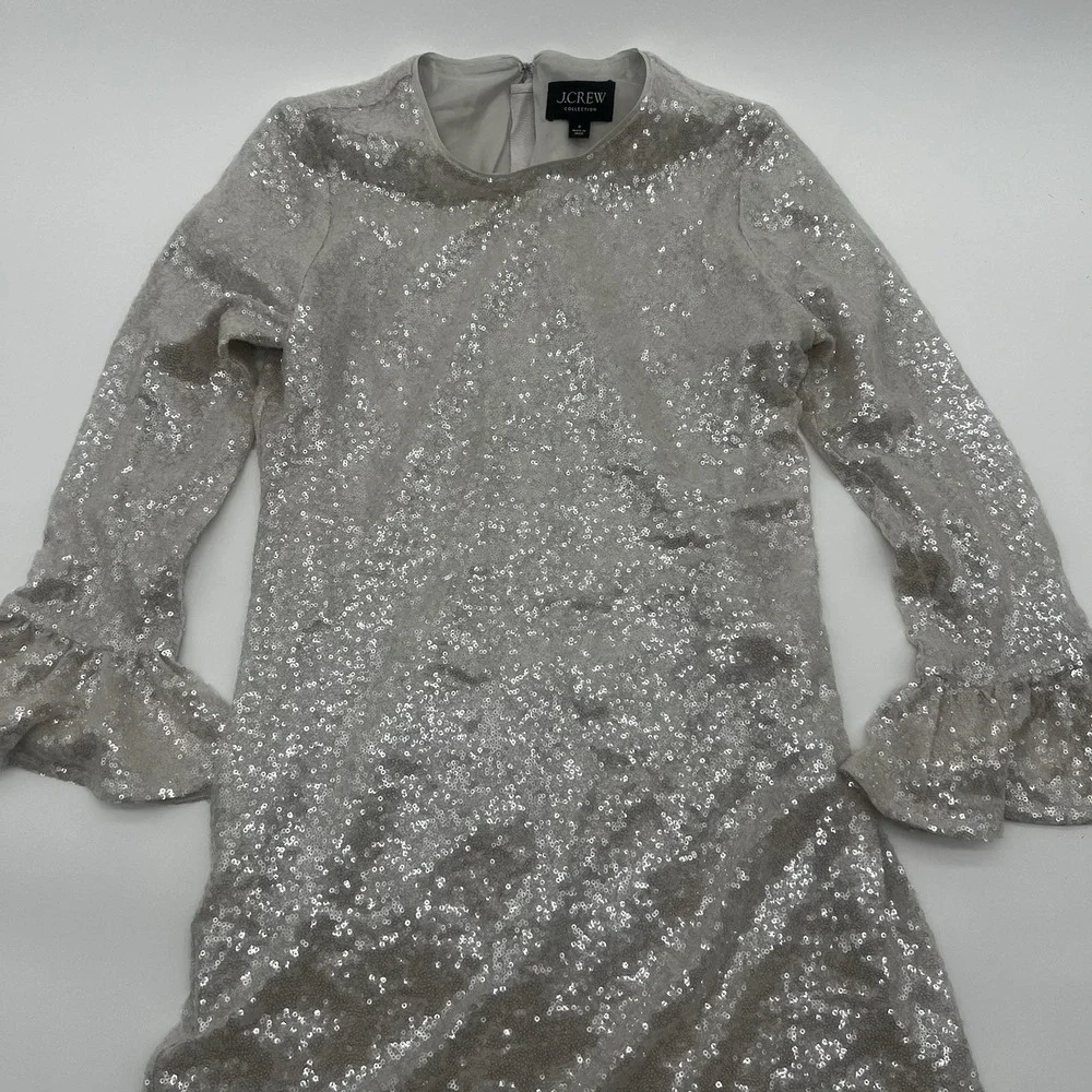 J.Crew Collection Silver Sequin Ruffle Sleeve Shift Dress Size 0‎ Party Cocktail